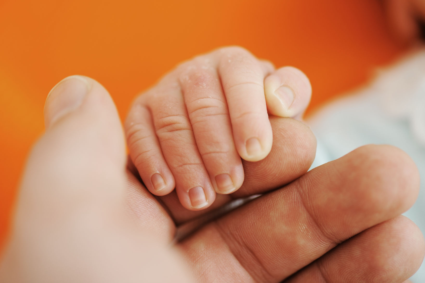 Newborn baby hand on hands